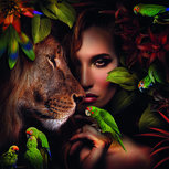 Woman with Lion and parrots Woman with Lion and parrots